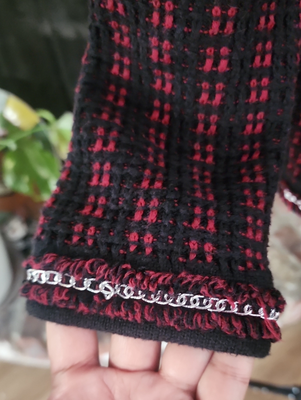 Alice + Olivia Tweed Knit Jacket Burgundy Black Fringe Trim Open Front Blazer - Picture 4 of 12